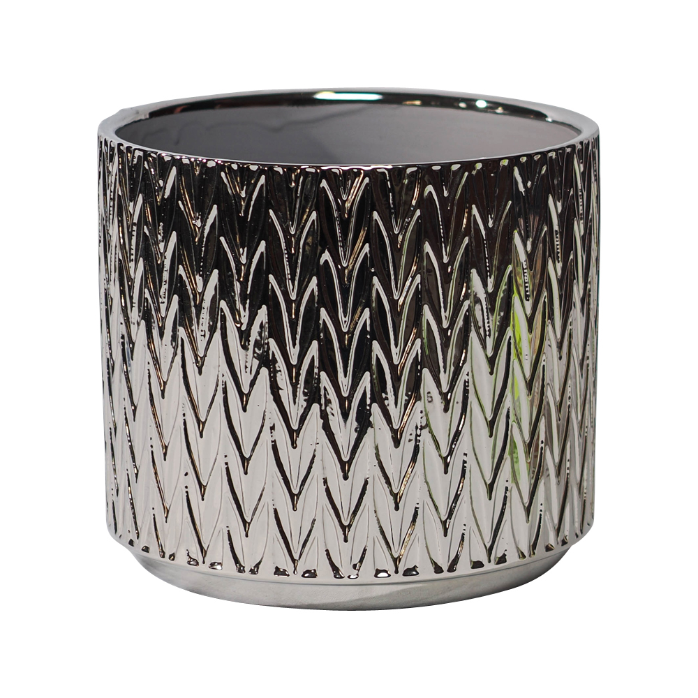 silver ceramic plant pot leaf design