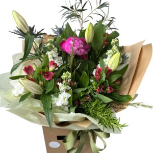 Aqua pack with bright pink peonies